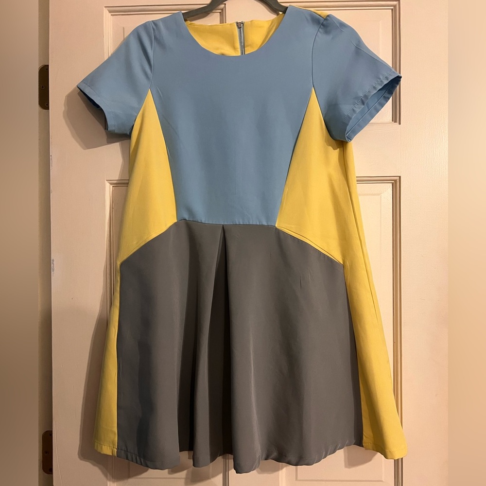 Colorblock Dress in Blue, Yellow, and Gray